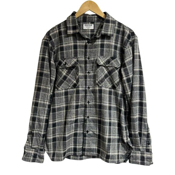 Machus Gray Black Men Small Flannel Plaid Button Down - Picture 1 of 5